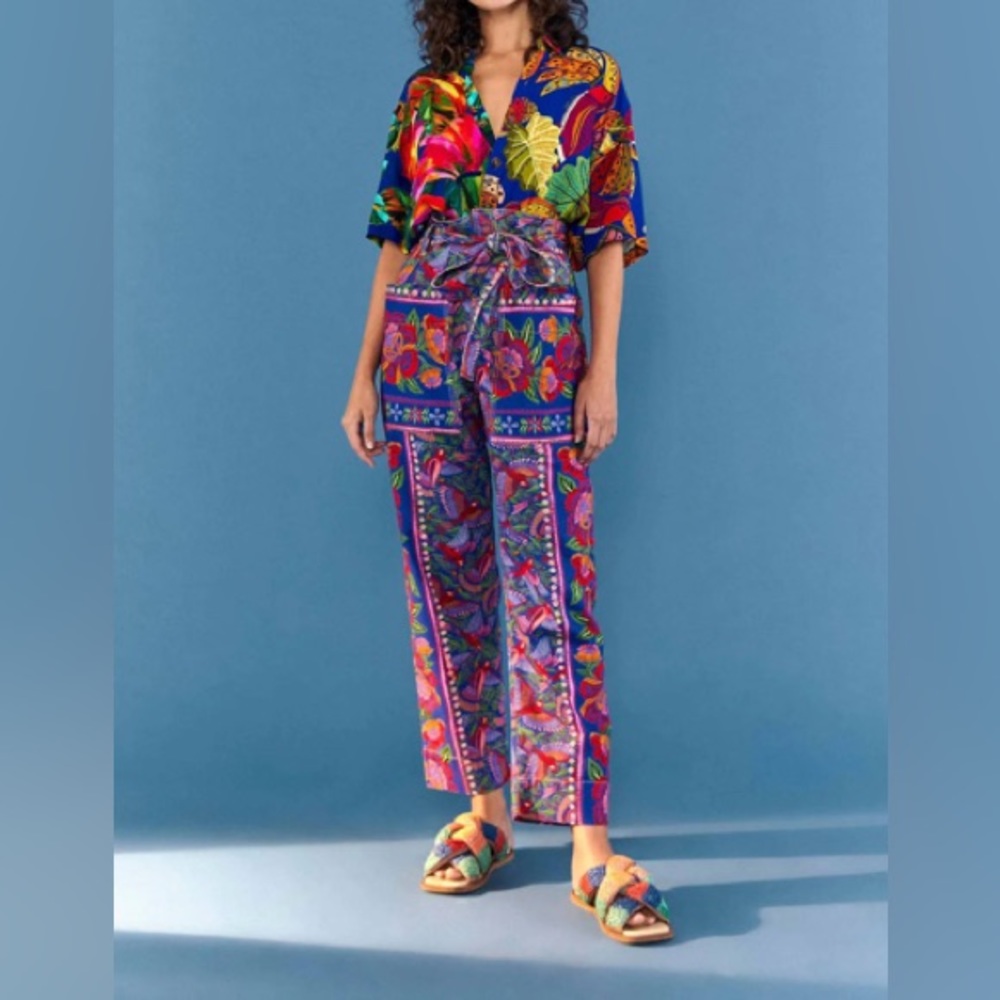 FARM Rio Macaw Print High Waist Belted Pants 100% Cotton Colorful Tropical Patte - Picture 5 of 16